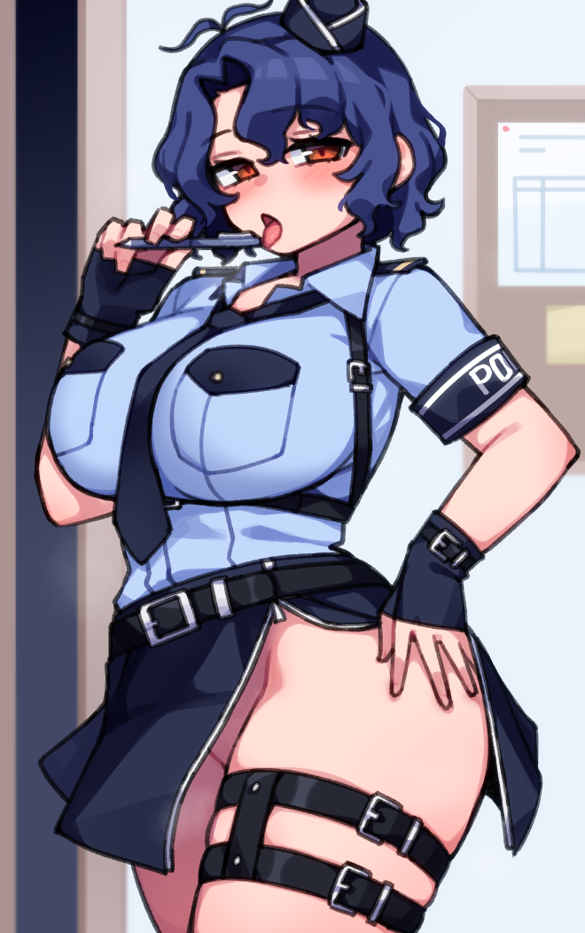 1girl antenna_hair belt belt_buckle black_belt black_gloves black_hat black_skirt blue_hair blue_shirt blush breast_pocket breasts buckle bulletin_board chest_belt collared_shirt commentary_request concept_police_(idolmaster) cowboy_shot fingerless_gloves flashing from_side gloves hair_between_eyes hand_on_own_hip hand_up hat holding holding_pen idolmaster idolmaster_million_live! idolmaster_million_live!_theater_days indoors korean_commentary kwaejina large_breasts looking_at_viewer looking_to_the_side mini_hat miniskirt mixed-language_commentary no_panties official_alternate_costume open_clothes open_mouth open_skirt orange_eyes pen pocket police police_hat police_uniform policewoman shirt short_hair short_sleeves shoulder_boards skirt solo standing thigh_belt thigh_strap tongue tongue_out toyokawa_fuka underbust unzipped wavy_hair wrist_belt zipper_pull_tab