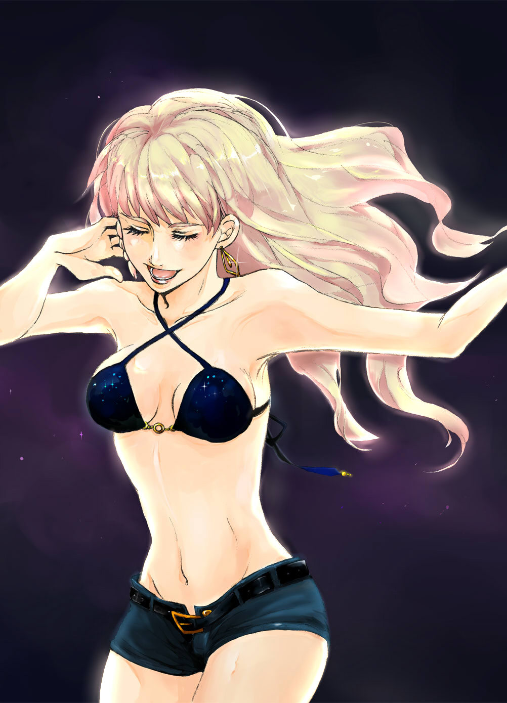 1girl bad_id bad_pixiv_id belt bra breasts cleavage earrings female_focus highres imoko_(kuryusei) jewelry lingerie long_hair macross macross_frontier medium_breasts navel oyomotin pink_hair sheryl_nome short_shorts shorts solo underwear