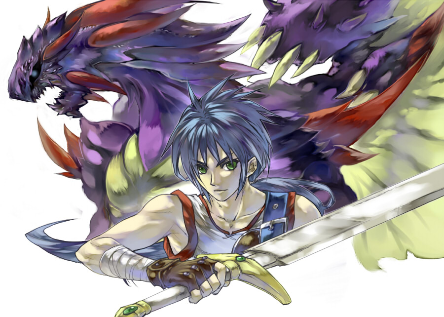 1boy bad_id bad_pixiv_id blue_hair breath_of_fire breath_of_fire_ii capcom dragon green_eyes kaiser_dragon male_focus ryu_(breath_of_fire_ii) ryuu_(mat_hin) ryuu_(pixiv345842) solo sword weapon