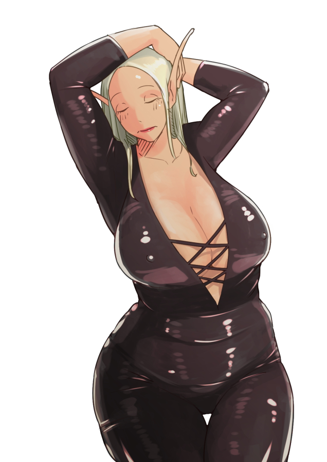 1girl blush bodysuit breasts cleavage elf hands_over_head large_breasts latex lipstick long_ears long_hair makeup pointy_ears supi_(inner_map) thick_thighs thigh_gap thighs white_hair