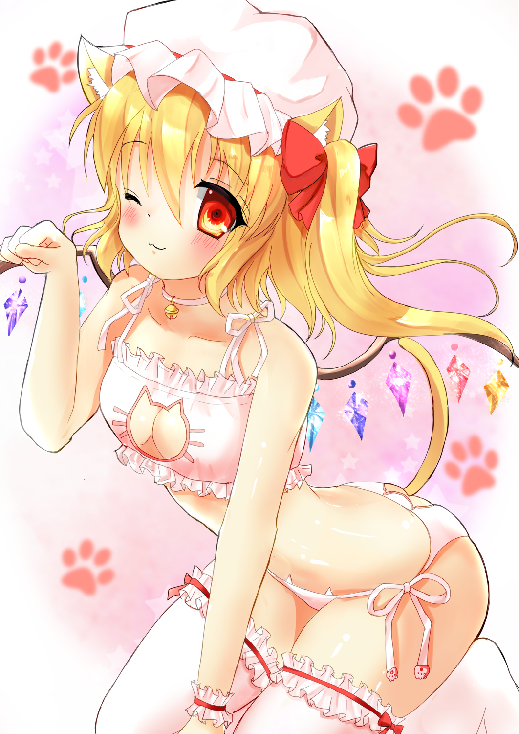 1girl ;3 alternate_costume animal_ears ass_cutout bell blonde_hair blurry blush bow cat_cutout cat_ear_panties cat_ears cat_lingerie cat_tail choker cleavage_cutout closed_mouth clothing_cutout collarbone crystal depth_of_field eyebrows female_focus flandre_scarlet frilled_thighhighs frills hair_between_eyes hair_bow hat hat_ribbon highres jingle_bell kneeling long_hair looking_at_viewer meme_attire mob_cap mogupuchi navel neck_bell one_eye_closed one_side_up panties paw_pose paw_print red_bow red_ribbon ribbon side-tie_panties solo stomach tail thighhighs touhou underwear underwear_only white_hat white_panties white_thighhighs wings wrist_cuffs