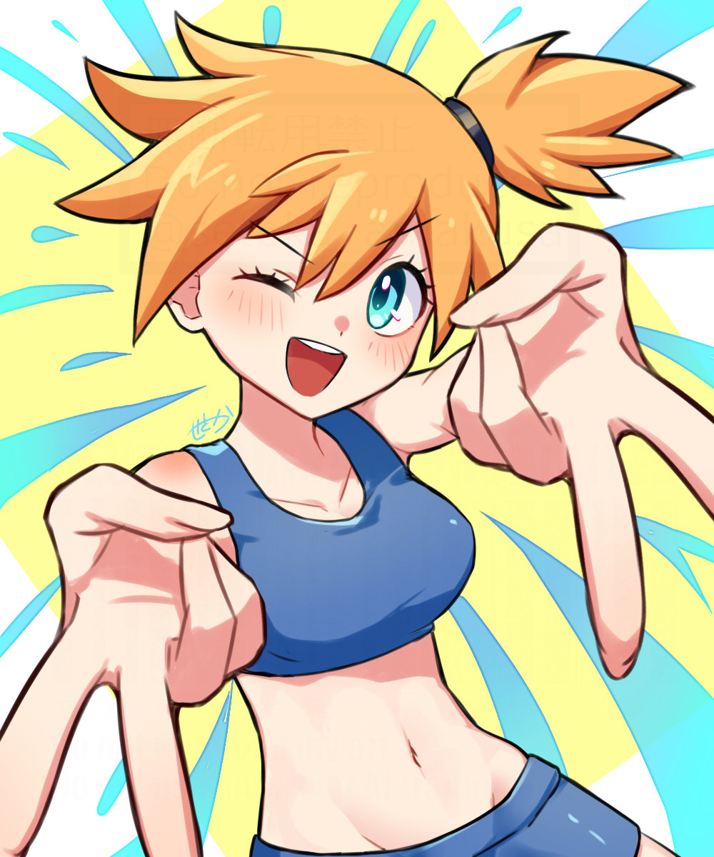 1girl ;d amakusa_setoka blue_eyes blue_sports_bra creatures_(company) double_gyaru_v eyelashes game_freak gyaru_v hair_between_eyes highres looking_at_viewer midriff misty_(pokemon) navel nintendo one_eye_closed open_mouth orange_hair pokemon pokemon_frlg pokemon_tcg ponytail short_hair short_ponytail side_ponytail smile sports_bra teeth upper_teeth_only v