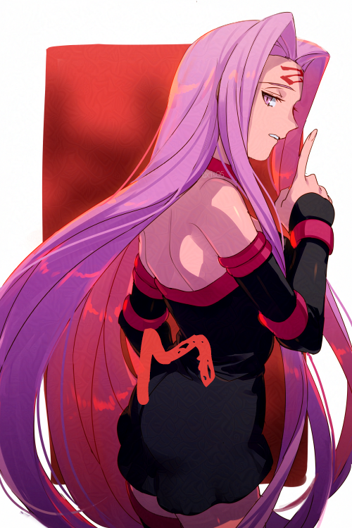 1girl back bare_shoulders black_dress breasts collar detached_sleeves dress echo_(circa) facial_mark fate/stay_night fate_(series) forehead forehead_mark index_finger_raised large_breasts long_hair looking_at_viewer looking_back medusa_(fate) medusa_(rider)_(fate) parted_bangs purple_eyes purple_hair short_dress sidelocks solo thighhighs thighs very_long_hair