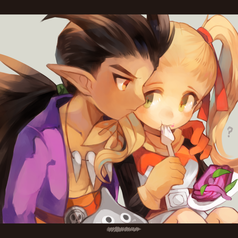 1girl 2boys ? antenna_hair belt black_border black_sleeves blonde_hair bone_necklace border brown_hair commentary_request couple dark-skinned_male dark_skin dragon_quest dragon_quest_builders_2 dress eating female_builder_(dqb2) fork gloves green_eyes grey_background hair_pulled_back hand_on_another&#039;s_shoulder hetero holding holding_fork holding_plate hotaro_(bread_fusa) jewelry looking_at_another looking_up low_ponytail metal_slime metats_(dqb2) multiple_boys neckerchief necklace open_clothes open_shirt orange_pants pants plate pointy_ears purple_shirt red_belt red_eyes red_gloves scribble shirt shirt_under_dress sidoh_(dqb2) sitting skull_belt spiked_hair tooth_necklace twintails upper_body yellow_gloves yellow_neckerchief