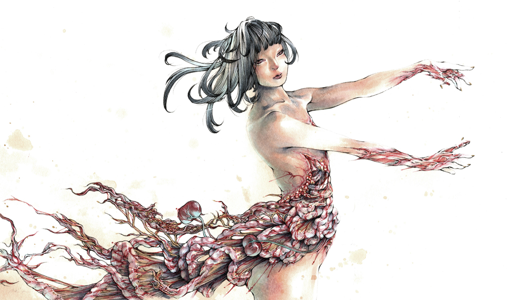 1girl black_eyes black_hair blood commentary_request completely_nude entrails exposed_muscle expressionless guro injury looking_at_viewer medium_hair meimaro nude organs original outstretched_arms ovaries painting_(medium) simple_background solo traditional_media white_background