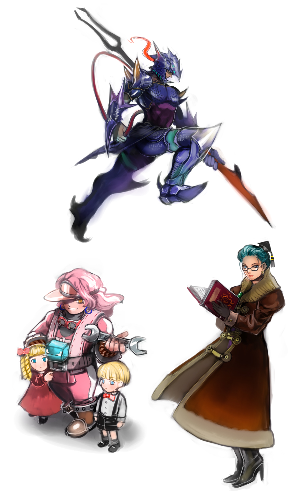 1990s_(style) 2boys 3girls armor blue_eyes blue_hair book brena brina cain_highwind calca calco doll final_fantasy final_fantasy_iv final_fantasy_iv:_the_after_years harley_(ff4) high_heels highres luca_(ff4) moreshan multiple_boys multiple_girls aged_up pink_hair polearm shoes spear weapon wrench yellow_eyes