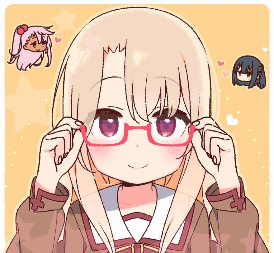 3girls bespectacled blonde_hair chloe_von_einzbern commentary fate/kaleid_liner_prisma_illya fate_(series) glasses hands_up heart heart_in_eye homurabara_academy_school_uniform illyasviel_von_einzbern light_blush long_hair long_sleeves looking_at_viewer miyu_edelfelt multiple_girls portrait red-framed_eyewear red_eyes school_uniform semi-rimless_eyewear simple_background smile solo_focus star_(symbol) straight-on symbol_in_eye under-rim_eyewear yellow_background yoru_nai