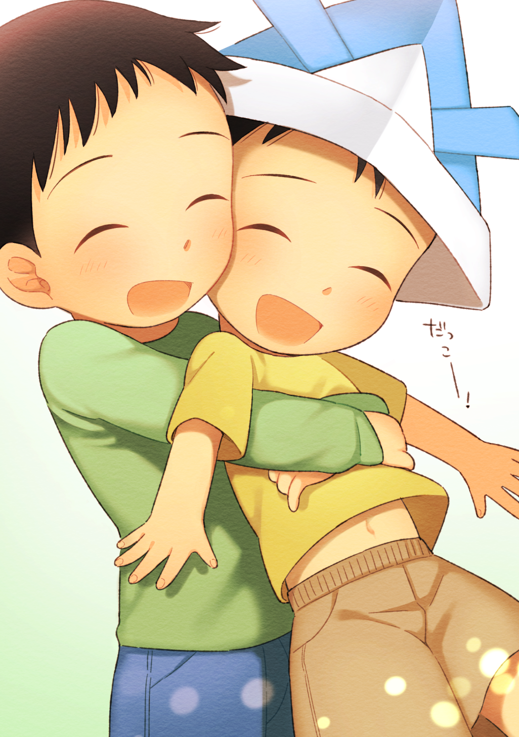 2boys :d black_hair blush brown_shorts child closed_eyes gradient_background green_background green_shirt happy hat highres hug hug_from_behind male_focus multiple_boys navel open_mouth original paper_hat shibacco shirt short_hair shorts smile white_background yellow_shirt