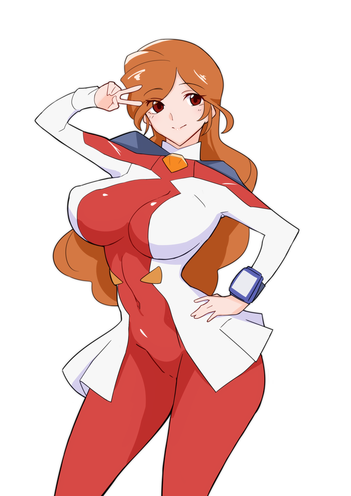 1girl baron_(nsbaron) blush bodysuit breasts character_request cleavage copyright_request covered_erect_nipples covered_navel large_breasts long_hair orange_hair red_eyes simple_background skin_tight solo white_background