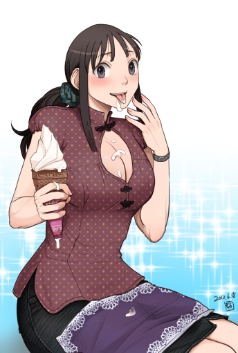 1girl black_eyes black_hair blush breasts chi-chi_(dragon_ball) cleavage cleavage_cutout clothing_cutout dragon_ball dragon_ball_(classic) dress food harumaki ice_cream large_breasts long_hair looking_at_viewer smile solo tongue tongue_out