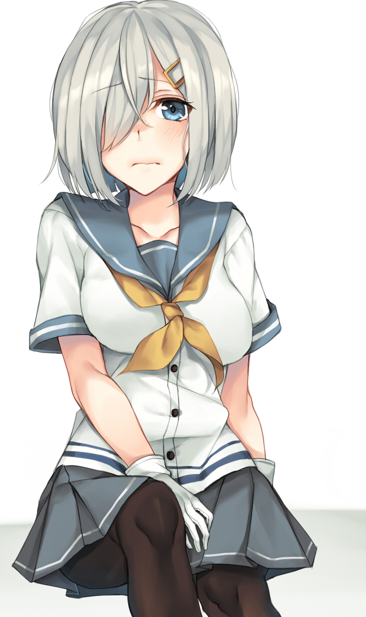 10s 1girl black_pantyhose black_skirt blue_eyes blush collarbone female_focus gloves hair_ornament hair_over_one_eye hairclip hamakaze_(kancolle) highres kantai_collection neckerchief pantyhose pleated_skirt rinarisa sailor_collar school_uniform serafuku short_hair short_sleeves silver_hair simple_background skirt solo white_background white_gloves yellow_neckerchief