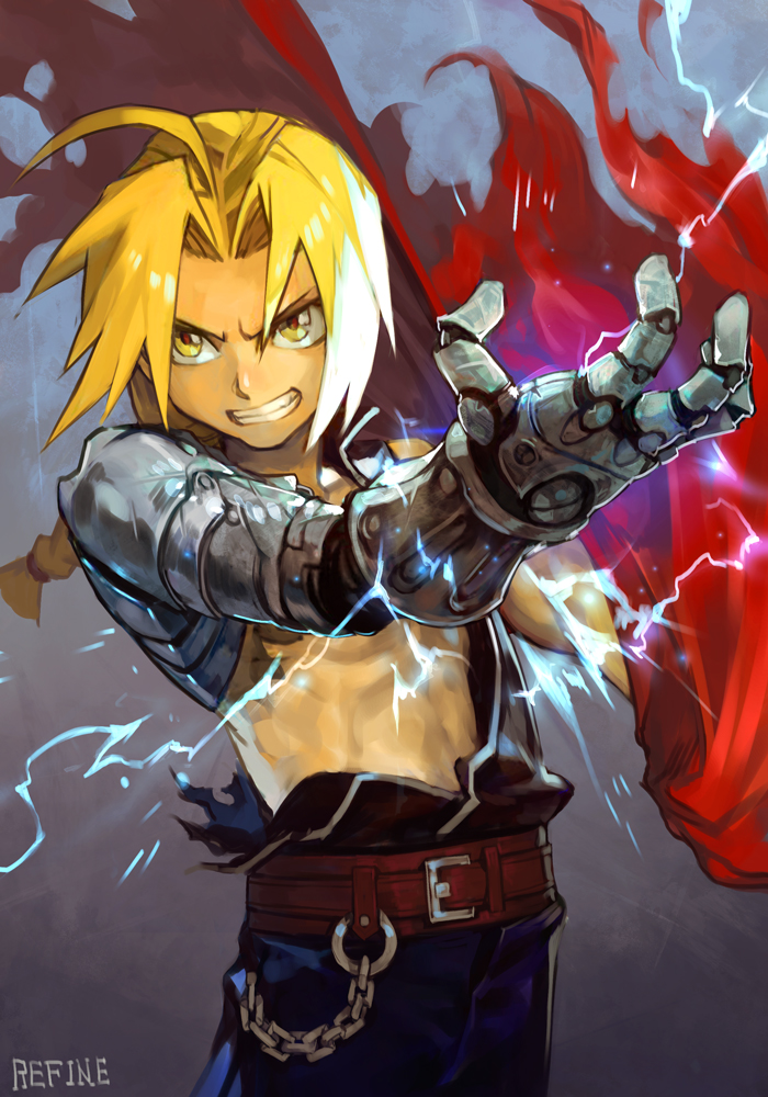 1boy ahoge alchemy artist_progress automail belt blonde_hair blouse braid braided_ponytail cape coat edward_elric electricity fullmetal_alchemist gloves hungry_clicker long_hair male_focus mechanical_arms muscular ponytail redrawn revision shirt single_braid single_mechanical_arm solo torn_clothes torn_shirt unworn_cape unworn_coat yellow_eyes