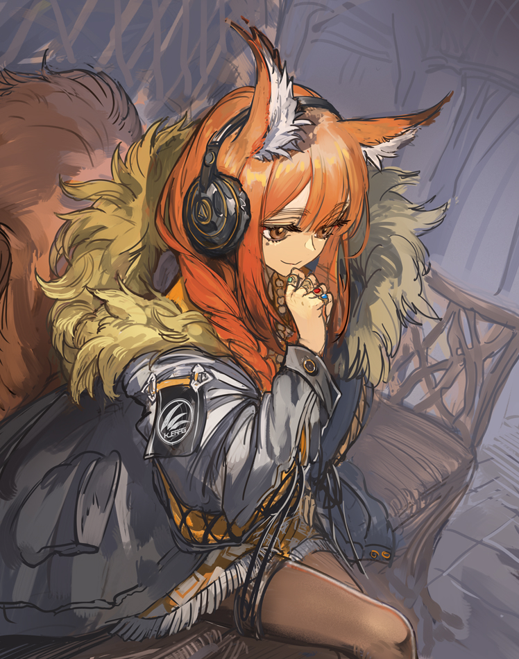 1girl animal_ear_fluff animal_ears arknights brown_hair brown_pantyhose closed_mouth commentary couch feet_out_of_frame fur-trimmed_jacket fur_trim grey_jacket headphones implied_extra_ears jacket jewelry long_hair on_couch open_clothes open_jacket orange_hair pantyhose ratatos_browntail_(arknights) revision ring ryuuzaki_ichi sitting smile solo squirrel_ears squirrel_girl squirrel_tail tail