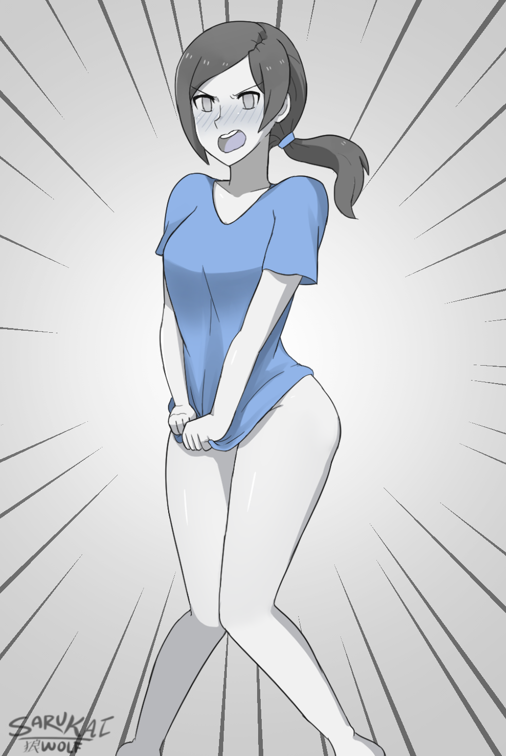 sarukaiwolf, wii fit trainer, wii fit trainer (female), nintendo, super  smash bros., wii fit, highres, black hair, blush, bottomless, colored skin,  grey eyes, long hair, naked shirt, no pants, open mouth, ponytail,