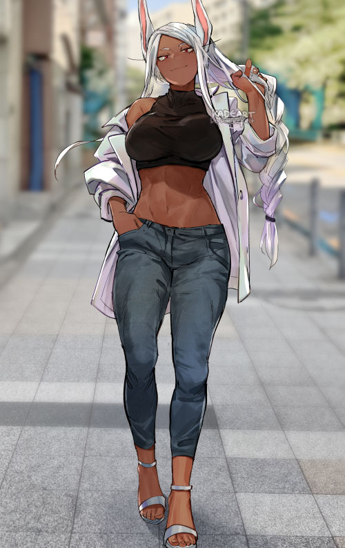 1girl abs alternate_costume animal_ears artist_name bare_shoulders black_shirt blurry blurry_background boku_no_hero_academia braid braided_ponytail breasts casual closed_mouth crop_top dark-skinned_female dark_skin day denim english_text feet female_focus full_body hand_in_own_hair hand_in_pocket hand_up jacket jeans kadeart large_breasts legs long_eyelashes long_hair looking_at_viewer midriff mirko navel off_shoulder open_clothes open_jacket pants parted_bangs rabbit_ears rabbit_girl red_eyes sandals shirt sleeveless sleeveless_shirt smile solo standing stomach strappy_heels taut_clothes taut_shirt toeless_footwear toenails toes toned turtleneck walking watermark white_footwear white_hair white_jacket