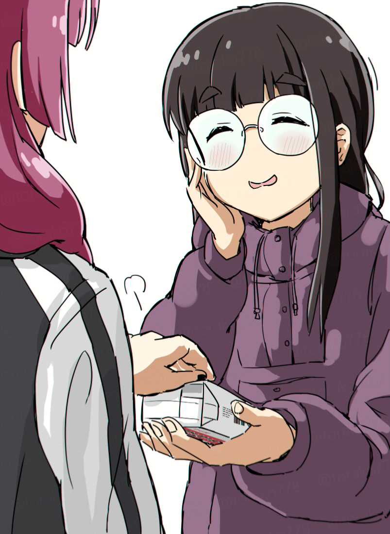 2girls alcohol_carton black_hair black_jacket black_nails blush bocchi_the_rock! crossover hand_on_own_cheek hand_on_own_face hiroi_kikuri jacket long_hair long_sleeves looking_at_another multiple_girls open_mouth puff_of_air purple_hair purple_hood round_eyewear sidelocks simple_background smile standing toba_minami torako_(toramaru) upper_body white_background yurucamp