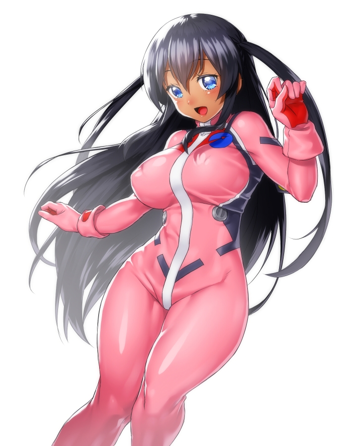 10s 1girl black_hair blue_eyes blush bodysuit breasts captain_earth covered_erect_nipples dark-skinned_female dark_skin female_focus large_breasts long_hair mutou_hana onsoku_inu open_mouth simple_background smile solo two_side_up white_background