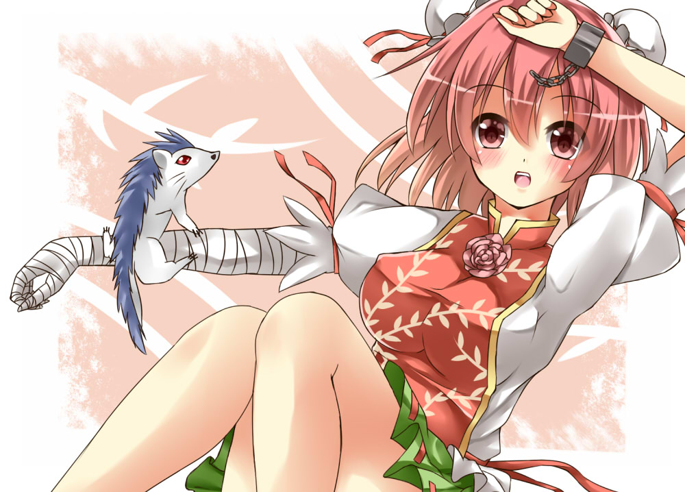 1girl animal bandages blush chinese_clothes deetamu double_bun female_focus ibaraki_kasen open_mouth pink_eyes pink_hair puffy_sleeves short_hair short_sleeves solo tam-out_(datam) touhou