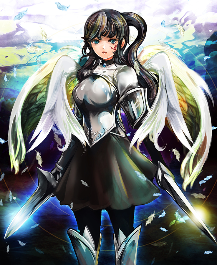 1girl armor black_hair blue_eyes breasts choker dual_wielding feathers female_focus holding jewelry kazaana lips long_hair original pantyhose pendant ponytail solo sword weapon wings