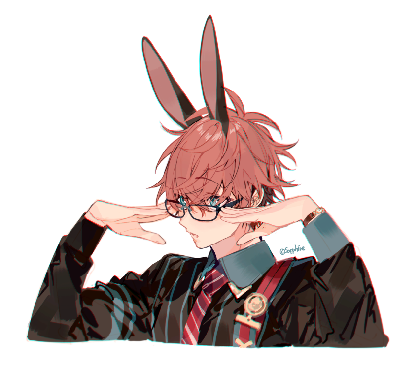 1boy amagi_hiiro animal_ears black_jacket blue_shirt collared_shirt diagonal-striped_clothes diagonal-striped_necktie ensemble_stars! glasses hands_up jacket male_focus necktie rabbit_ears red_necktie sapphire_(nine) shirt simple_background solo striped_clothes watch white_background wristwatch