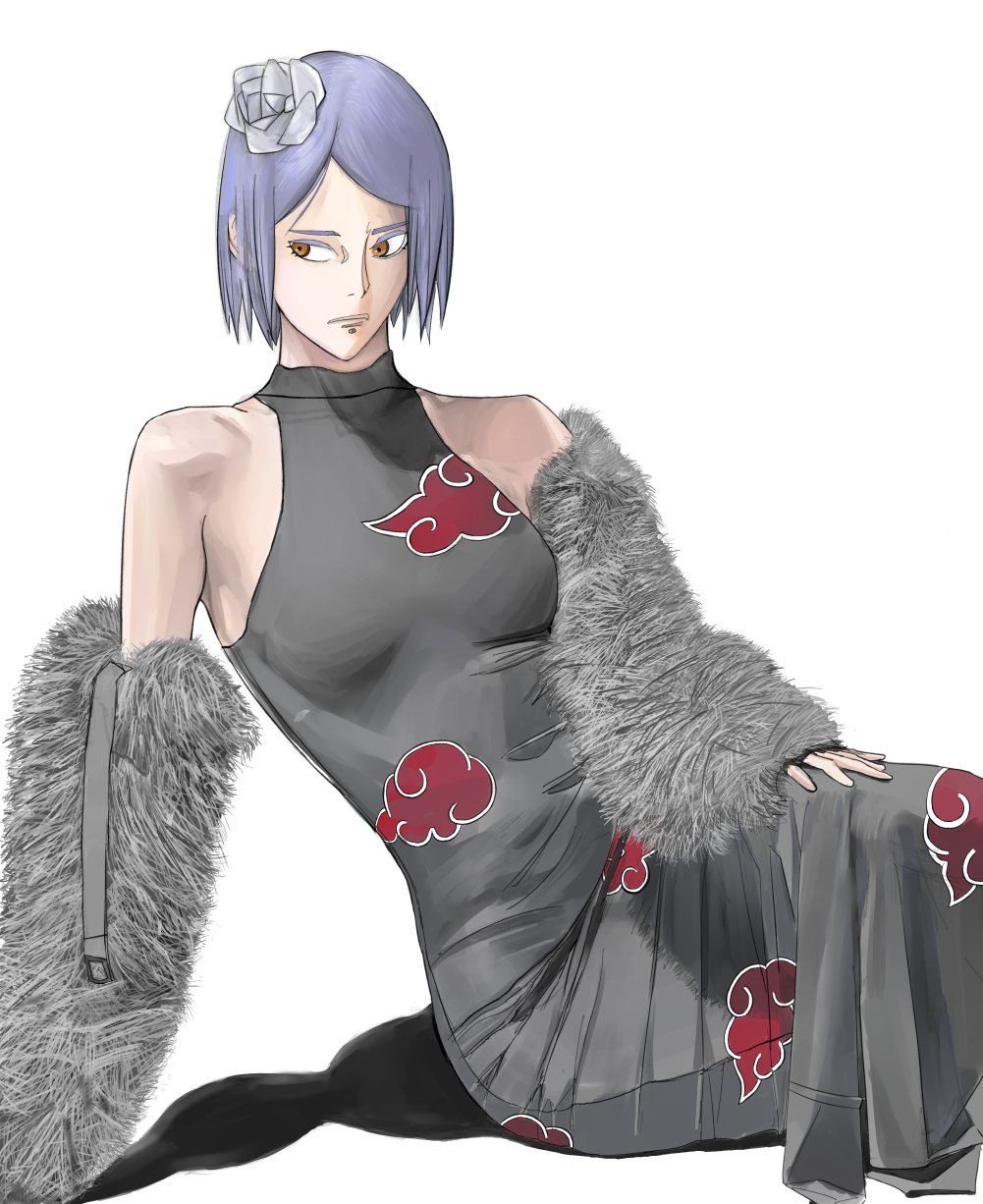 bluejay2142015 dress flower fur-trimmed_dress fur-trimmed_gloves fur_trim gloves hair_flower hair_ornament highres konan_(naruto) naruto naruto_(series) purple_flower purple_hair purple_rose rose sleeveless