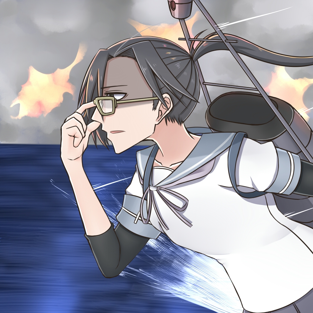 10s 1girl adjusting_eyewear amagiri_(kancolle) asymmetrical_bangs bad_id bad_pixiv_id cloud female_focus glasses grey_eyes grey_hair hair_between_eyes kamonohashi kantai_collection ocean ponytail school_uniform serafuku shaded_face smokestack solo undershirt water