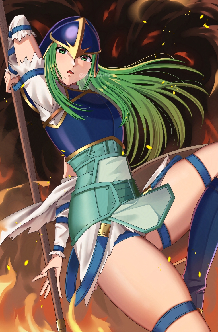 1girl armor breastplate commentary_request commission fire_emblem fire_emblem:_path_of_radiance floating_hair green_eyes green_hair helmet holding holding_polearm holding_weapon long_hair looking_at_viewer nephenee_(fire_emblem) nintendo polearm skeb_commission solo spear thighs twitter_username ushiroki weapon