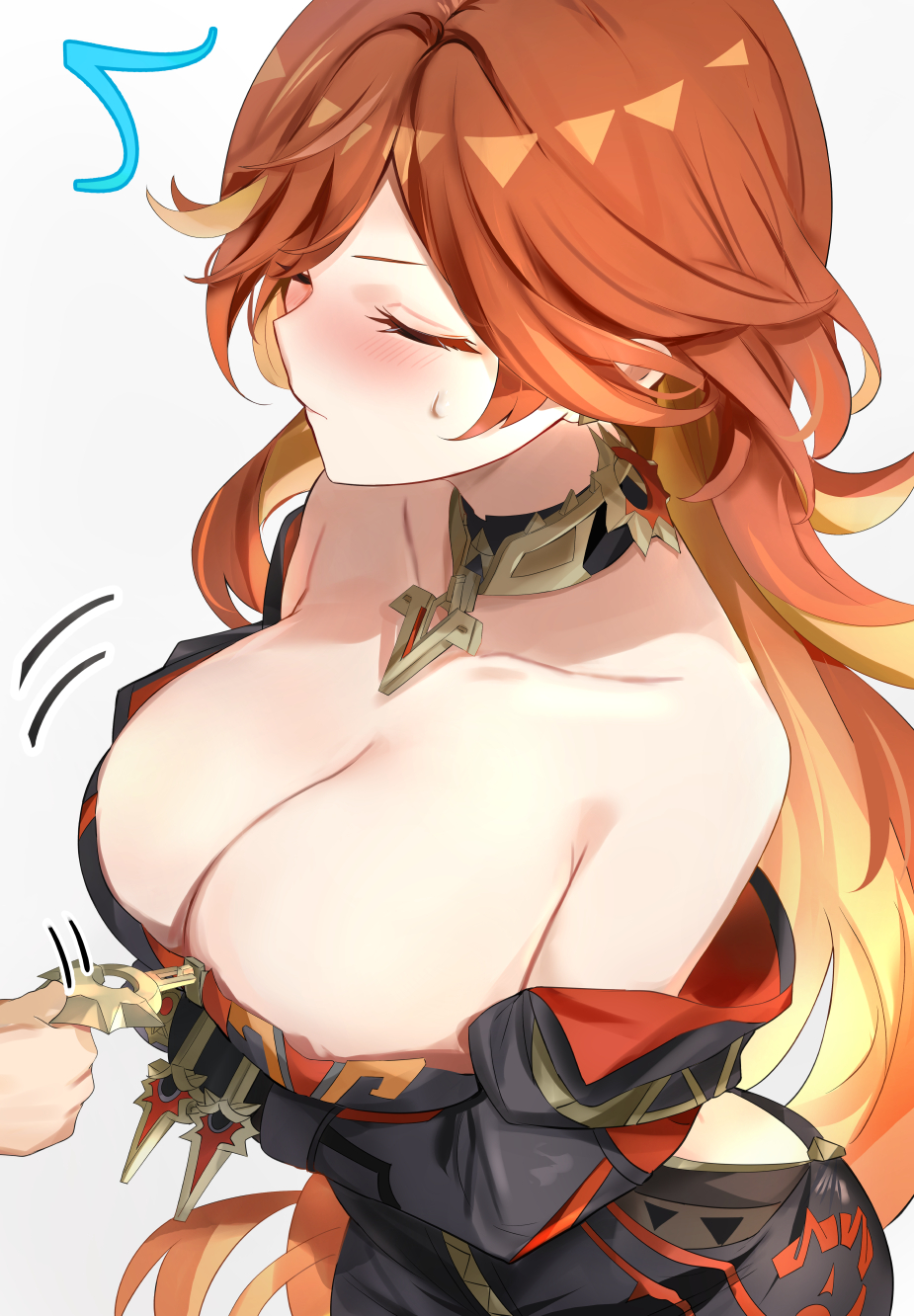 1girl arms_under_breasts bare_shoulders black_bikesuit blush bodysuit breasts cleavage closed_eyes collar commentary_request earrings genshin_impact highres jewelry large_breasts long_hair mavuika_(genshin_impact) metal_collar multicolored_hair off_shoulder orange_hair red_hair solo tomas_(kaosu22) two-tone_hair white_background zipper_pull_tab