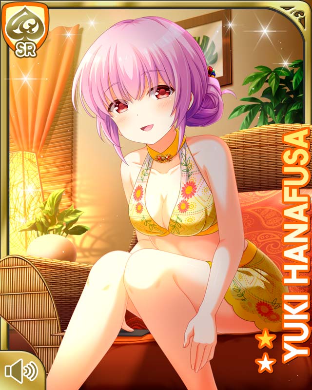 1girl :d bare_arms bare_shoulders bra braid braided_ponytail card_(medium) day e girlfriend_(kari) hanafusa_yuki indoors midriff navel official_art open_mouth pink_hair ponytail qp:flapper reading red_eyes scrunchie shorts sitting smile solo tagme underwear yellow_bra yellow_shorts