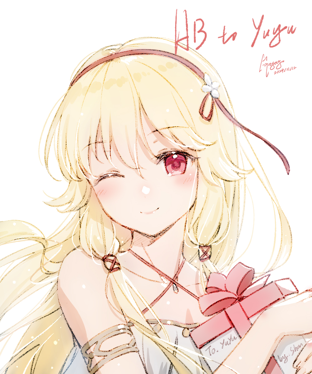 bare_shoulders blonde_hair blush box flower gift gift_box hair_flower hair_ornament hairband long_hair maya_g one_eye_closed original red_eyes sidelocks signature sketch smile strapless tube_top wink