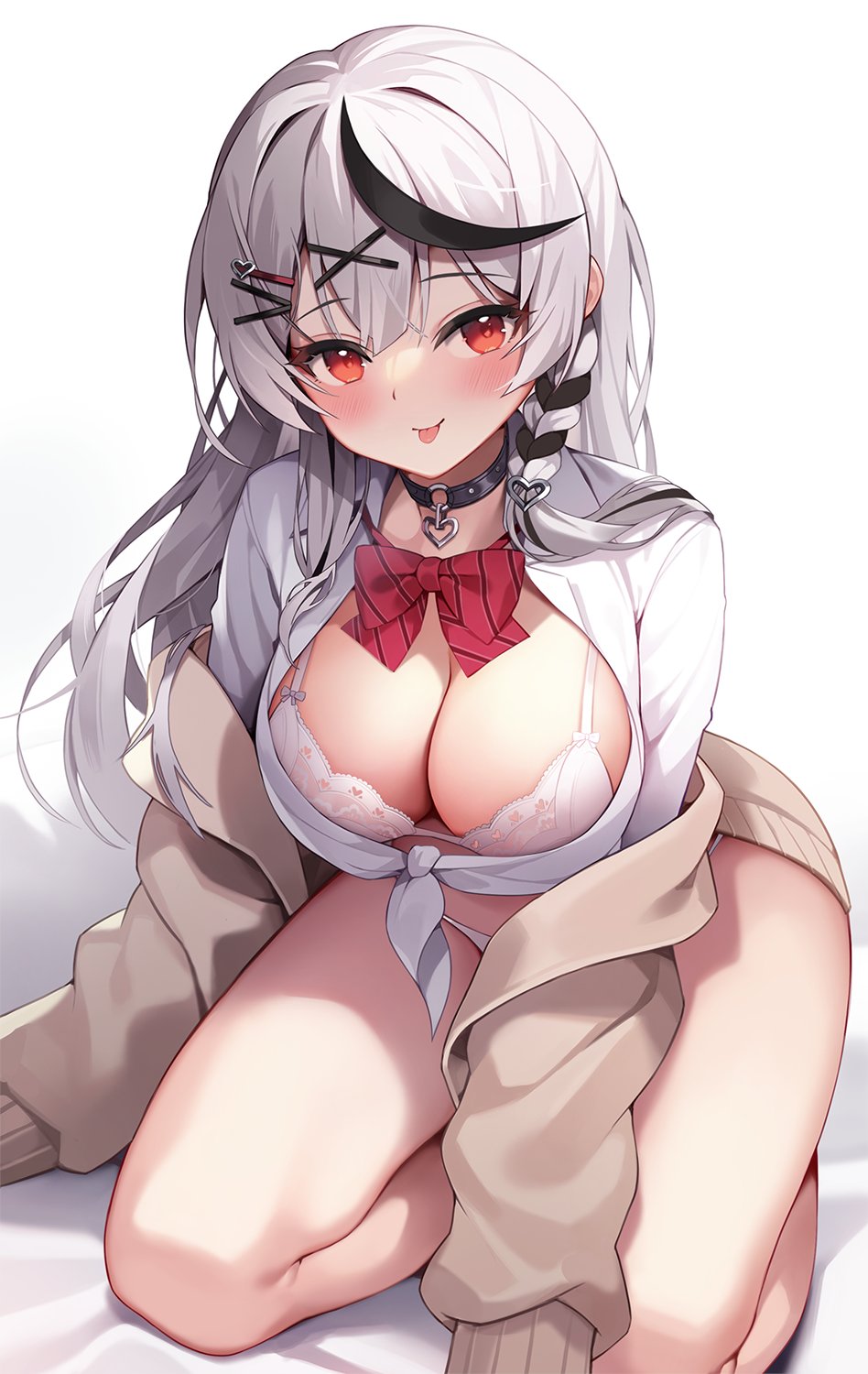 1girl :p black_hair blush bra braid breasts cardigan collar collared_shirt grey_hair hair_ornament highres hololive lace lace-trimmed_bra lace_trim large_breasts looking_at_viewer multicolored_hair panties pinki_o64 red_eyes sakamata_chloe shirt solo streaked_hair tongue tongue_out underwear virtual_youtuber x_hair_ornament