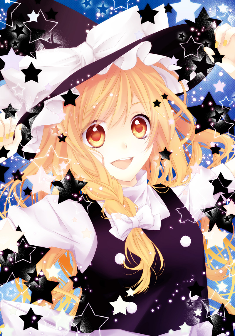 1girl :d adjusting_clothes adjusting_headwear bad_id bad_pixiv_id blonde_hair bow braid buttons female_focus hair_ribbon hat hat_bow hat_ribbon kanae_(aab) kirisame_marisa long_hair nail_polish open_mouth ribbon side_braid single_braid smile solo star_(symbol) touhou upper_body witch witch_hat yellow_eyes