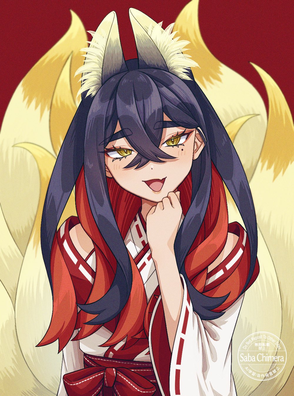 1girl :d animal_ear_fluff animal_ears black_hair carmine_(pokemon) colored_inner_hair commentary creatures_(company) crossed_bangs eyelashes fox_ears fox_girl game_freak gen_1_pokemon hair_between_eyes highres japanese_clothes kimono long_sleeves looking_at_viewer mole mole_under_eye multicolored_hair multiple_tails ninetales nintendo open_mouth pokemon pokemon_sv red_background red_hair saba_chimera smile solo symbol-only_commentary tail two-tone_hair upper_body white_kimono wide_sleeves yellow_eyes