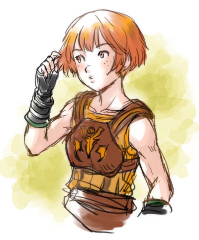 1girl armor bare_shoulders bob_cut brown_eyes brown_hair dorothy_(fire_emblem) fire_emblem fire_emblem:_the_binding_blade freckles looking_to_the_side lowres nintendo sleeveless solo upper_body usachu_now