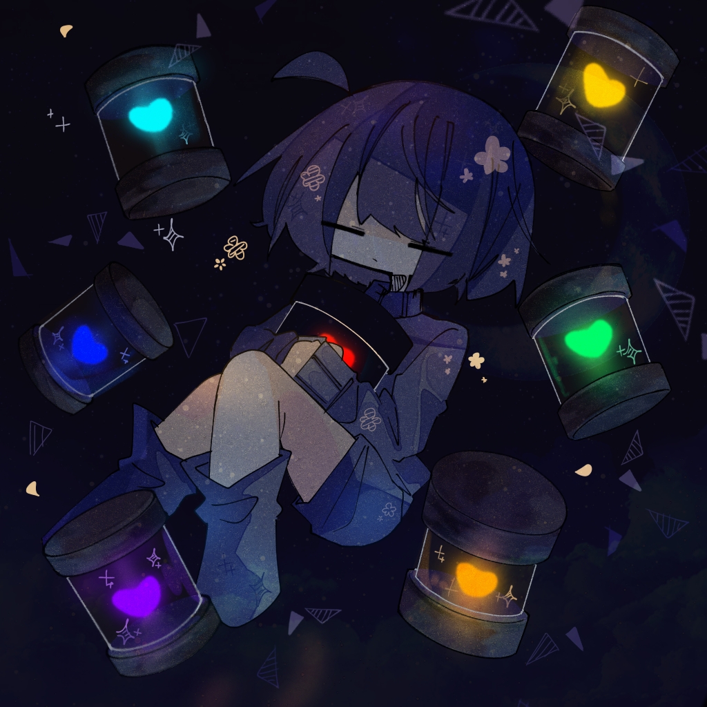 1other antenna_hair blue_shorts brown_hair chibi chibi_only closed_eyes closed_mouth frisk_(undertale) heart holding holding_jar jar matu_(t_iyou8) other_focus short_hair shorts solo sweater undertale