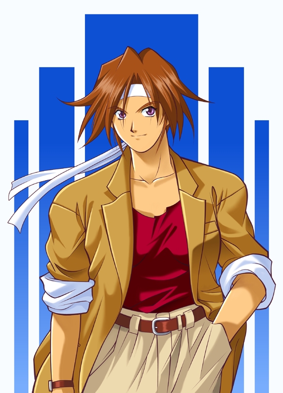 1girl abstract_background belt belt_buckle blue_background border breast_pocket breasts brown_belt brown_jacket brown_sleeves buckle closed_mouth collarbone collared_jacket cowboy_shot gradient_background hand_in_pocket headband jacket kirishima_kanna light_brown_hair looking_at_viewer medium_breasts non-web_source official_art pants parted_lips pocket purple_eyes red_tank_top retro_artstyle sakura_taisen sega simple_background sleeve_cuffs sleeves_past_elbows smile solo tall_female tank_top watch white_background white_border white_headband white_sleeve_cuffs wristwatch yamaguchi_yasushi yellow_pants