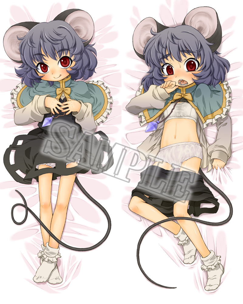 1girl animal_ears bad_id bad_pixiv_id blush dakimakura_(medium) eyebrows feet female_focus grey_hair harukaze_unipo jewelry mouse_ears mouse_tail multiple_views nazrin panties pendant red_eyes sample_watermark short_hair socks sports_bra tail touhou underwear undressing unipo watermark