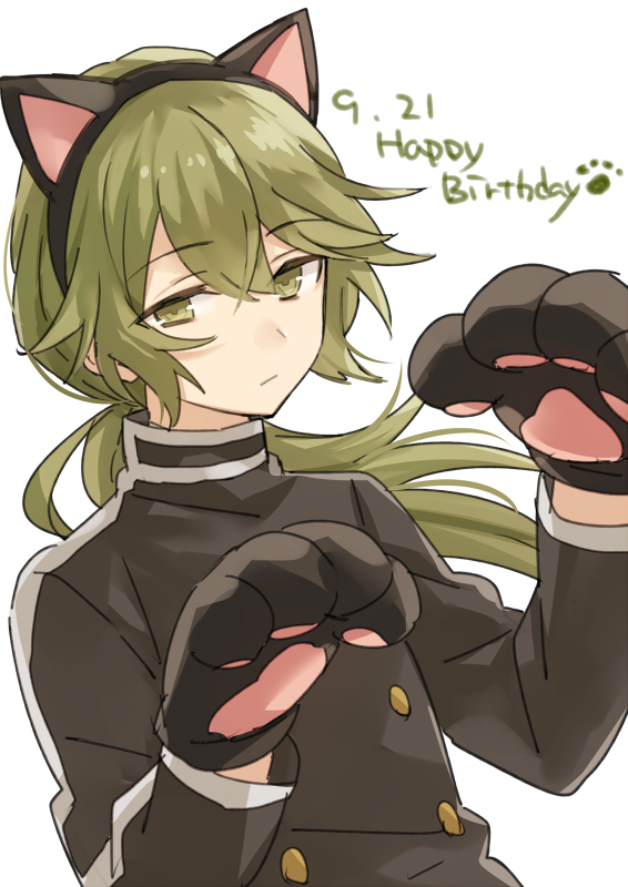 1boy animal_ears animal_hands buttons cat_boy cat_ears cat_paws double-breasted fake_animal_ears gakuran gloves green_eyes green_hair hishida_shunsou male_focus matching_hair/eyes meiji_tokyo_renka official_art paw_gloves ponytail school_uniform solo text_focus yuzuki_karu