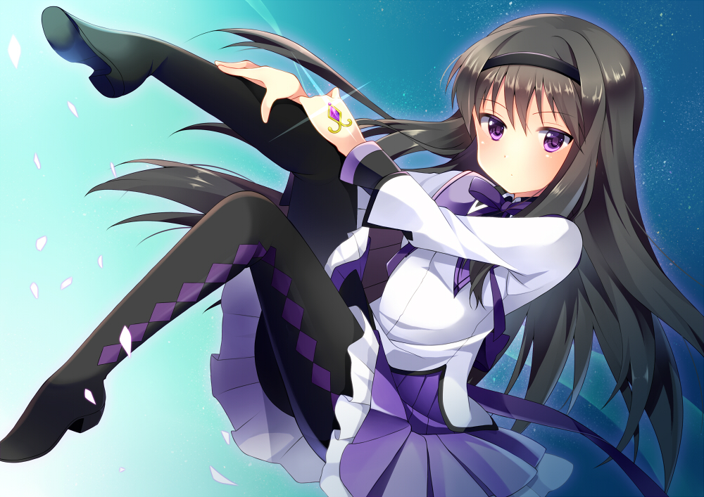 10s 1girl akemi_homura akemi_homura_(magical_girl) argyle_clothes argyle_pantyhose black_hair black_pantyhose female_focus hairband long_hair magical_girl mahou_shoujo_madoka_magica mahou_shoujo_madoka_magica_(anime) nekosugi_(hoshi) pantyhose purple_eyes skirt solo soul_gem