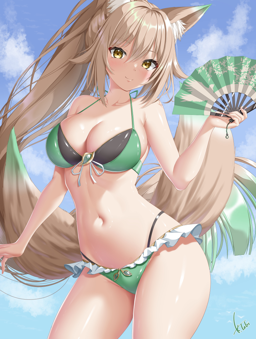 1girl animal_ear_fluff animal_ears bikini blue_sky breasts brown_eyes character_request cloud cloudy_sky collarbone colored_tips commission contrapposto copyright_request day dot_nose floating_hair folding_fan fox_ears frilled_bikini frills gradient_hair gradient_sky green_bikini green_brooch green_hair hair_between_eyes hair_intakes hand_fan head_tilt holding kogarashi_tobi large_breasts layered_bikini light_brown_hair long_hair looking_at_viewer multicolored_hair multiple_tails navel outdoors ponytail sidelocks signature skeb_commission sky smile spaghetti_strap streaked_hair swimsuit tail thick_thighs thighs two-tone_hair two_tails very_long_hair