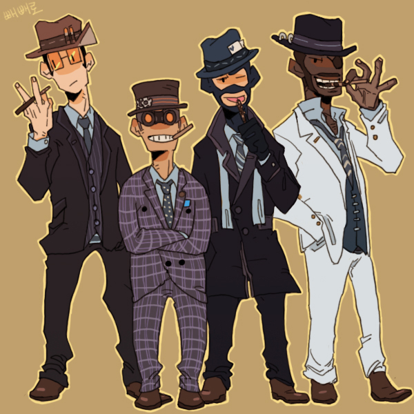 22_(tak_ja) 4boys bad_id bad_pixiv_id balaclava blu_demoman_(tf2) blu_engineer_(tf2) blu_sniper_(tf2) blu_spy_(tf2) cigar dark-skinned_male dark_skin demoman_(tf2) engineer_(tf2) eyepatch formal gloves goggles grin hat heart loose_necktie male_focus mouth_hold multiple_boys necktie one_eye_closed simple_background smile sniper_(tf2) spy_(tf2) standing suit sunglasses team_fortress_2 wink