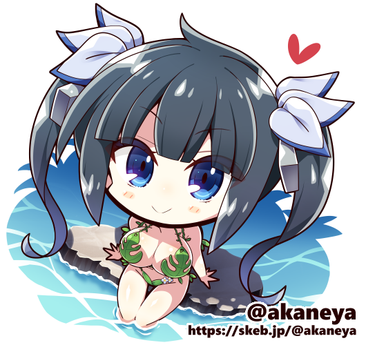 1girl akaneya bell blue_eyes blush_stickers breasts chibi chibi_only commission dungeon_ni_deai_wo_motomeru_no_wa_machigatteiru_darou_ka hair_bell hair_ornament heart hestia_(danmachi) large_breasts leaf_bikini long_hair looking_at_viewer official_alternate_costume oppai_loli skeb_commission smile soaking_feet solo twintails