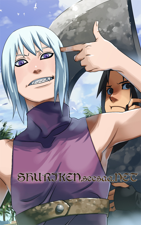 2boys finger_gun finger_gun_to_head fingerless_gloves gloves grin hoozuki_suigetsu huge_weapon kubikirihouchou male_focus multiple_boys naruto_(series) naruto_shippuuden purple_eyes shuriken_(artist) smile sword uchiha_sasuke watermark weapon web_address white_hair zanbatou