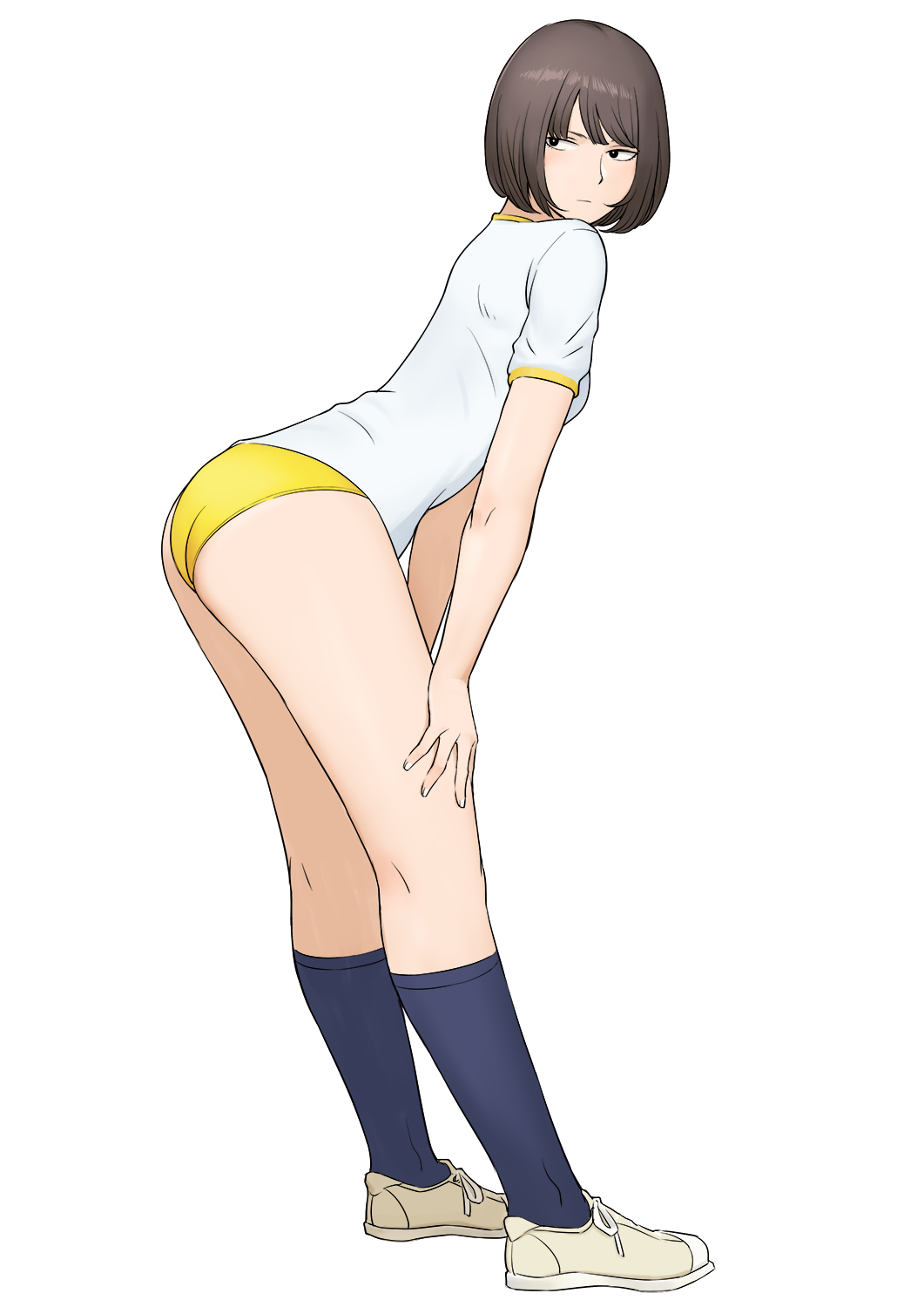 1girl ass breasts brown_hair buruma expressionless full_body gym_uniform half-closed_eyes hands_on_legs highres kneehighs long_legs looking_to_the_side medium_breasts original shigenobu shirt shoes short_hair short_sleeves simple_background socks solo standing thighs white_background white_shirt yellow_buruma