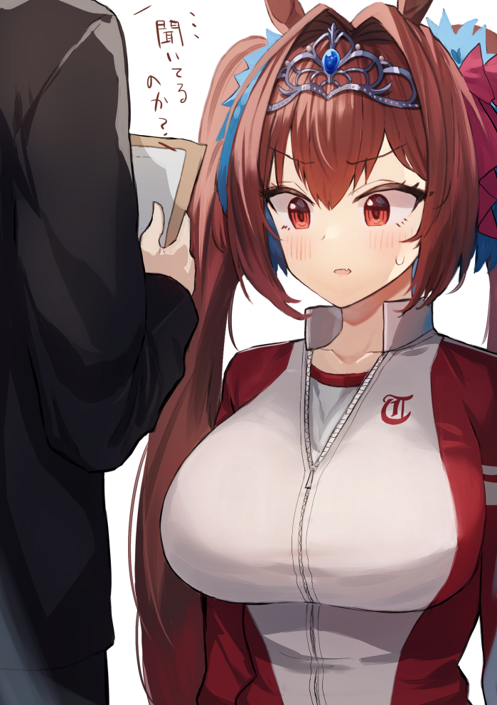 1girl 1other black_jacket blush breasts brown_hair commentary_request daiwa_scarlet_(umamusume) hair_intakes jacket large_breasts long_hair long_sleeves parted_lips red_eyes simple_background suminagashi tiara translation_request twintails umamusume upper_body very_long_hair white_background