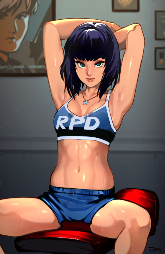 1girl abs armpits arms_behind_head arms_up artist_name blue_eyes blue_shorts blue_sports_bra bob_cut breasts capcom character_request closed_mouth collarbone copyright_request cosplay indoors jewelry leon_s._kennedy lips looking_at_viewer medium_breasts navel necklace optionaltypo picture_frame purple_hair real_life rebecca_chambers rebecca_chambers_(cosplay) resident_evil shiny_skin short_hair shorts sitting solo sports_bra spread_legs star_(symbol) star_necklace stomach sue_lightning suzi_(the_sphere_hunter) sweat thighs toned youtube