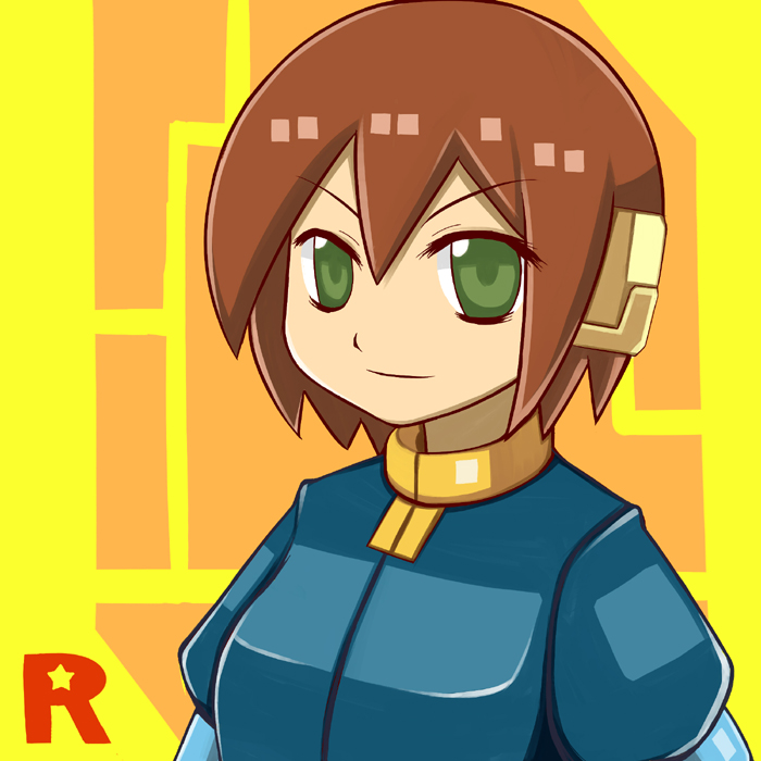 1girl aile_(mega_man_zx) breasts brown_hair commentary_request green_eyes jacket robot_ears mega_man_(series) mega_man_zx shin_ala short_hair smile solo