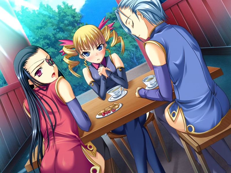 3girls black_hair blonde_hair blue_eyes blue_hair closed_eyes eyepatch game_cg hikage_eiji kakouen kakouton_genjou_(koihime) koihime_musou multiple_girls pink_eyes sousou_moutoku_(koihime) table