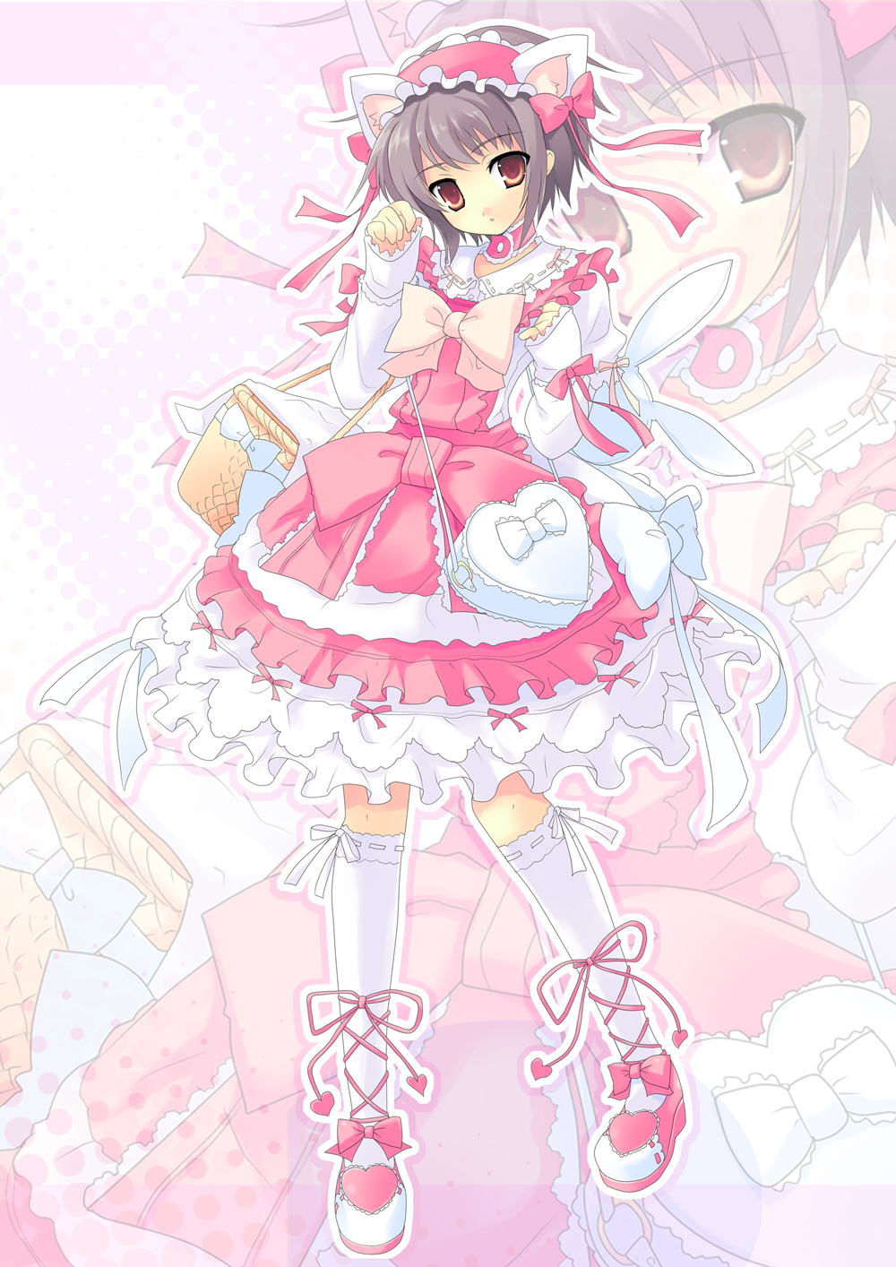 1girl animal_ears ankle_lace-up basket cat_ears cross-laced_footwear dress elbow_carry expressionless female_focus hair_ribbon hairband highres kneehighs lolita_fashion lolita_hairband nagato_yuki petticoat pink_footwear rabbit ribbon ribbon-trimmed_legwear ribbon-trimmed_socks ribbon_trim shoes short_hair silver_hair socks solo stuffed_animal stuffed_rabbit stuffed_toy suzumiya_haruhi_no_yuuutsu sweet_lolita white_socks yoshiwo zoom_layer