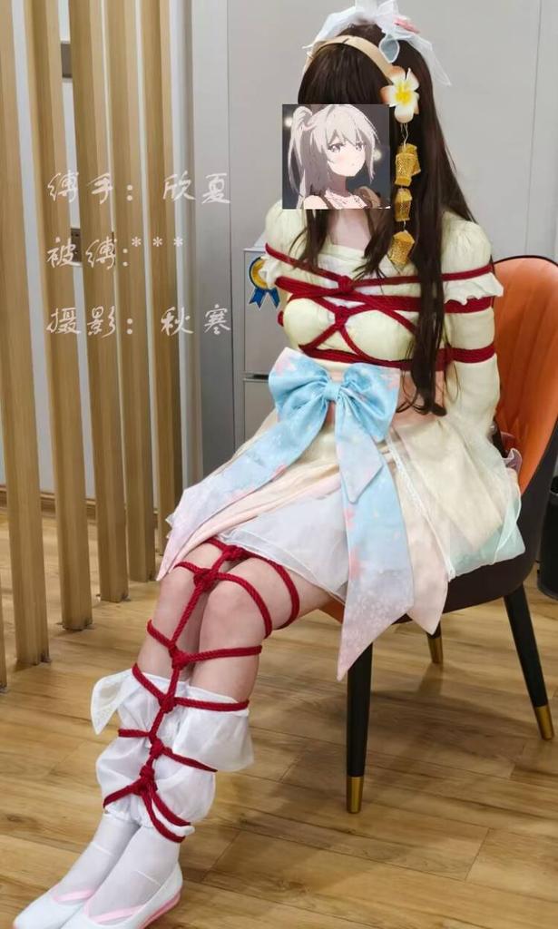 1girl arena_of_valor bdsm bondage bound breasts brown_hair censored chair chinese_text cosplay dress hair_ornament legs long_hair nakoruru nakoruru_(cosplay) samurai_spirits sitting small_breasts snk solo the_king_of_fighters thighs translation_request